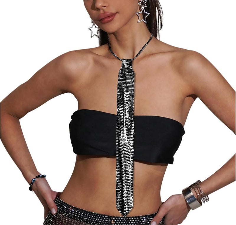 MioCloth ربطة عنق معدنية لامعة، سلسلة عنق لامعة من الترتر للنساء لسهرة نادي، حفلة بونك، زي عيد الهالوين - Image 2